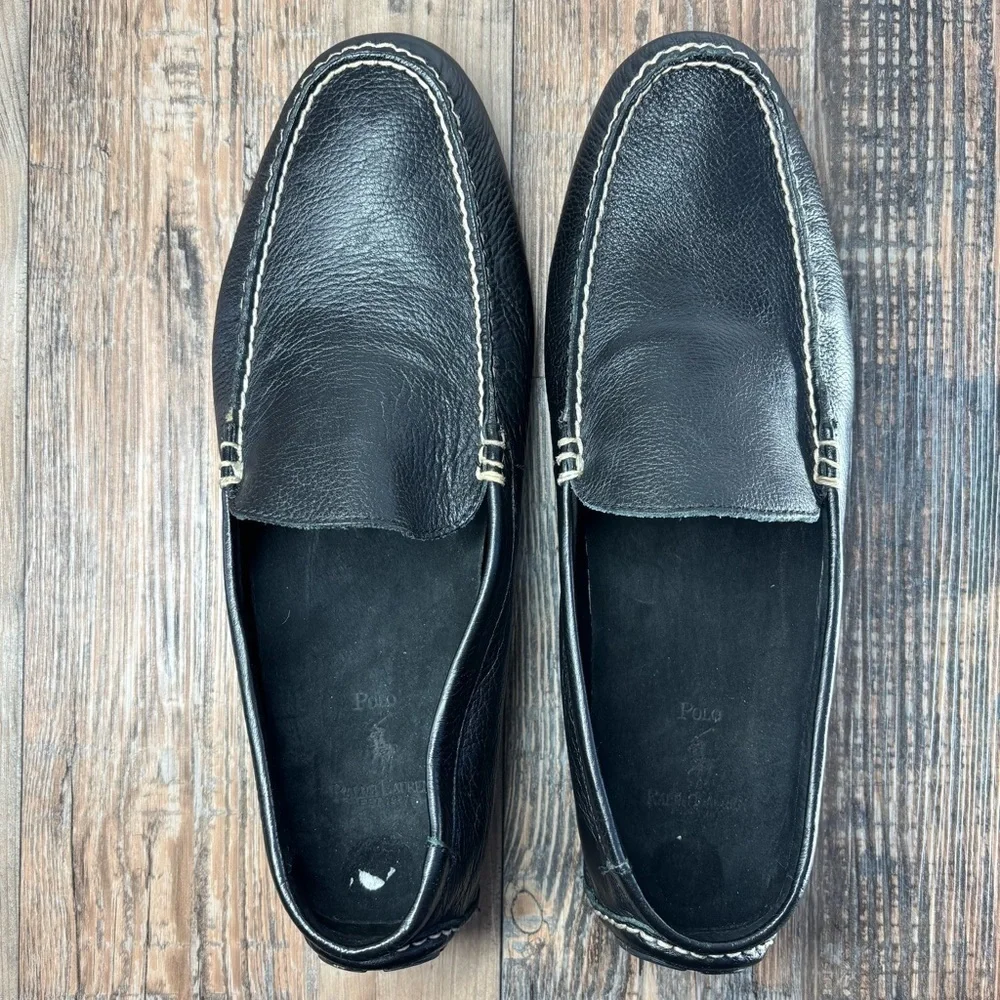 Polo by Ralph Lauren Black Leather Driving Loafers with Contrast Stitching